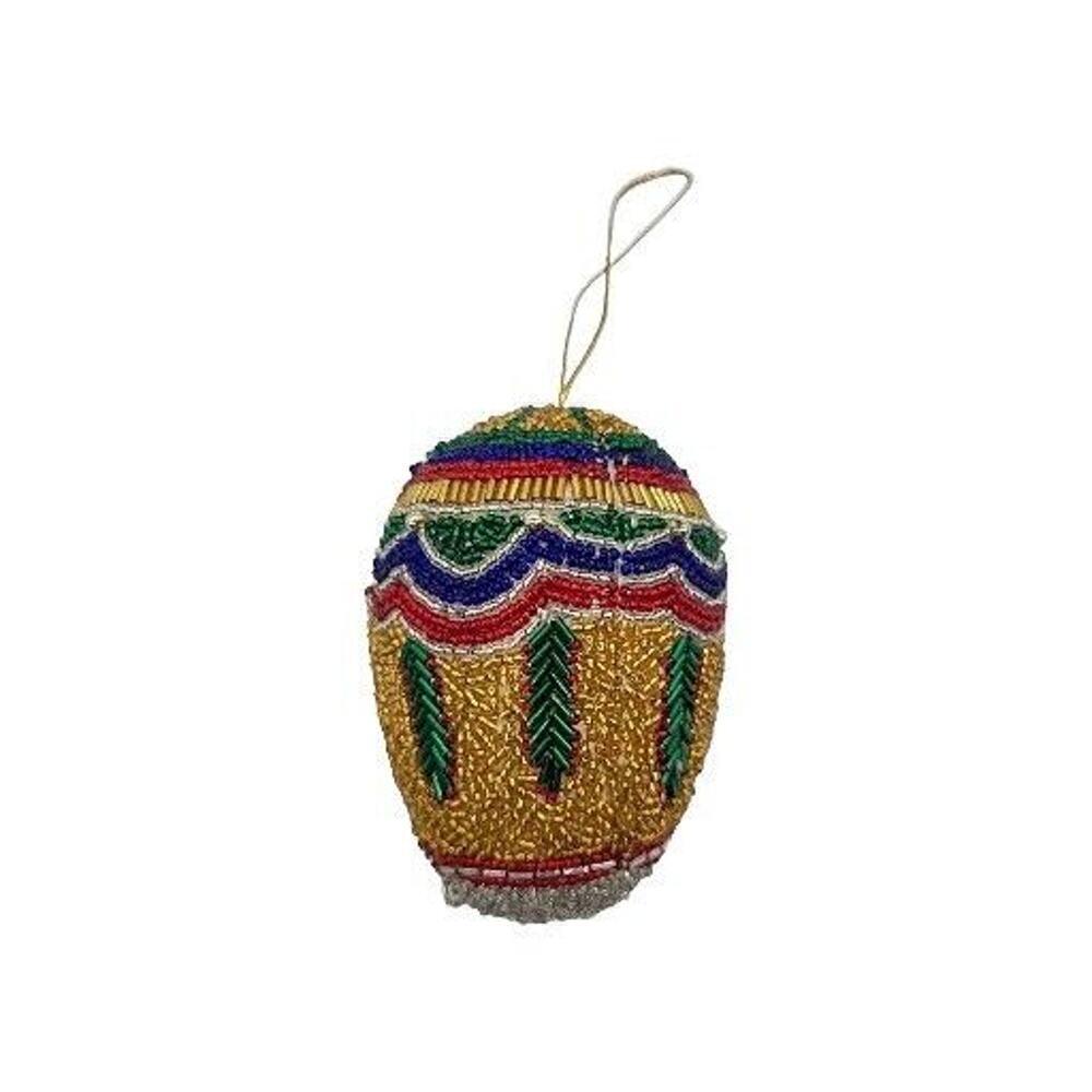 Vintage Hand Beaded Seed‎ Bead Egg-Shaped Christmas Ornament Gold Large ~4.5"